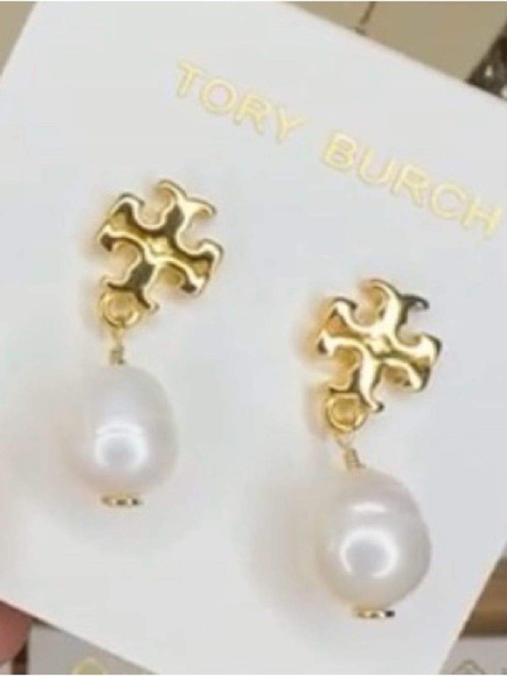 NWT Tory Burch Goldtone Logo & Cultured Pearl Drop Earrings